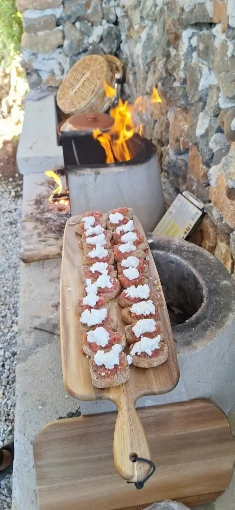 Cretan Ntakos in Arevitis Farm, Tomatoes from our garden, Cheese from our animals milk !!