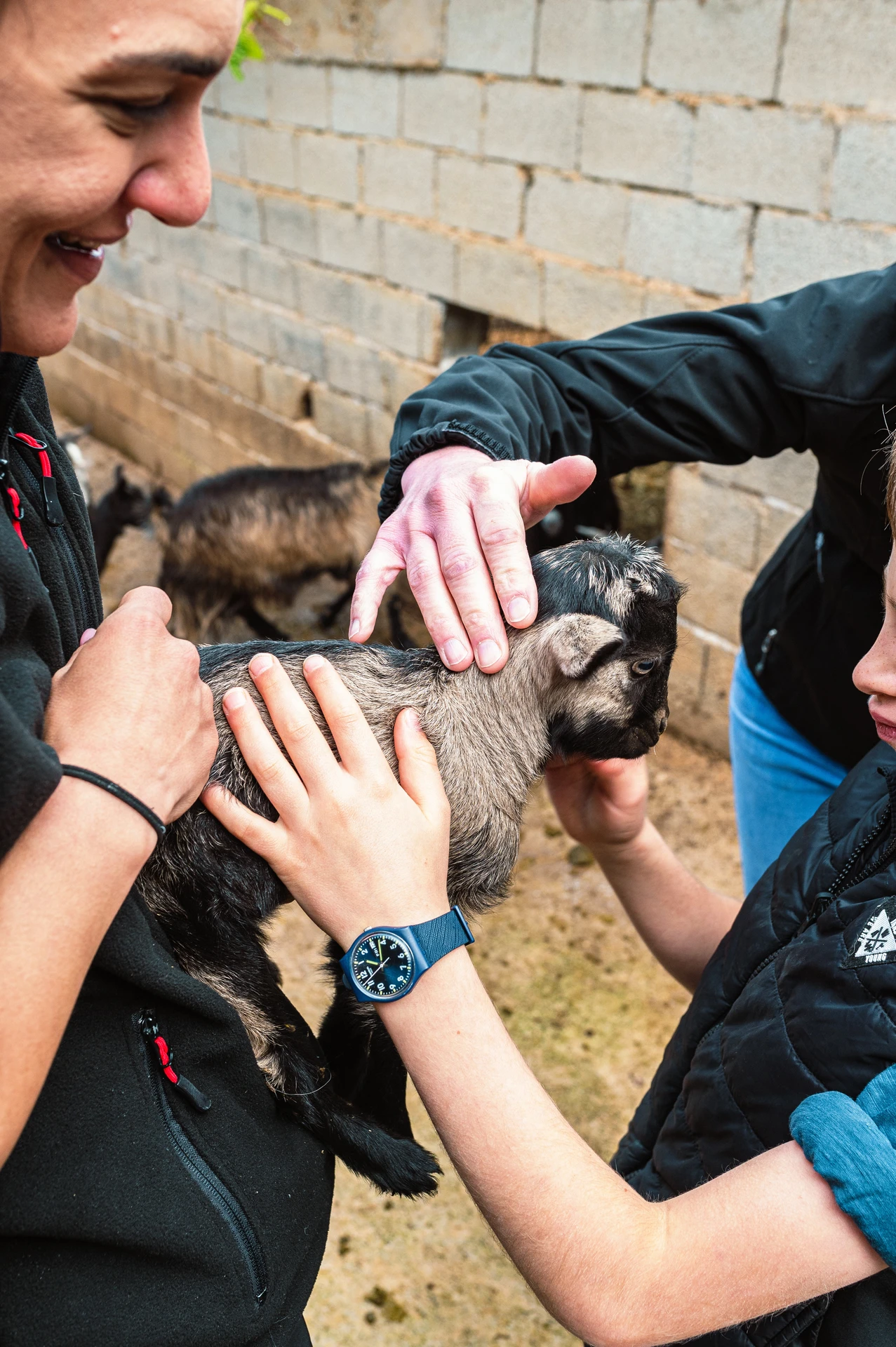 Iro and children petting a baby goat at arevitis Farm Chania Crete