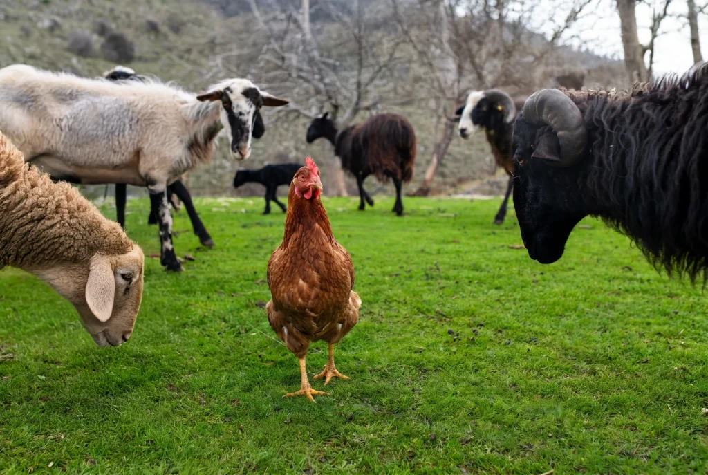 chicken and sheep at Arevitis Fram Chania Crete